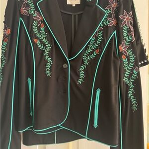 Double D Ranch Black Blazer with Teal Trim and Red Floral Details